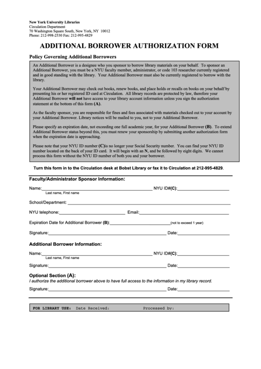 Additional Borrower Authorization Form - New-York Printable pdf