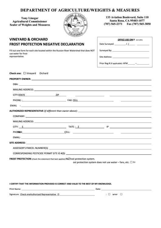 Frost Protection Negative Declaration Form