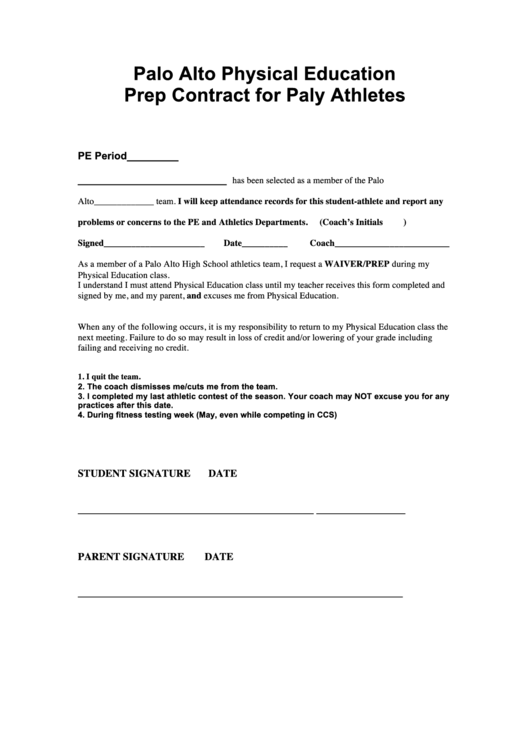 Athletic Prep Pe Form Printable pdf