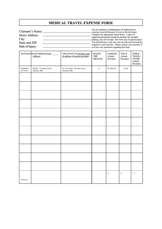 Medical Travel Expense Form Printable pdf