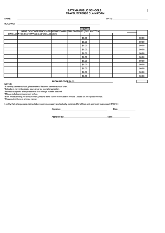 Travel/expense Claim Form - Batavia Public School Printable pdf