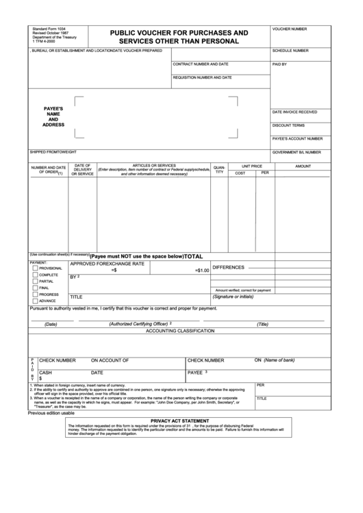 Fillable Public Voucher For Purchases And Services Other Than Personal (Sf-1034) Printable pdf