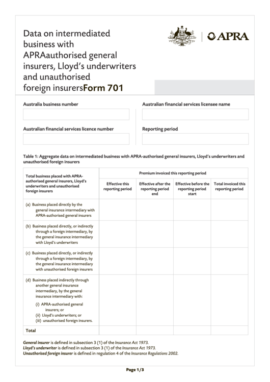 Apra Form 701 - Australia Printable pdf