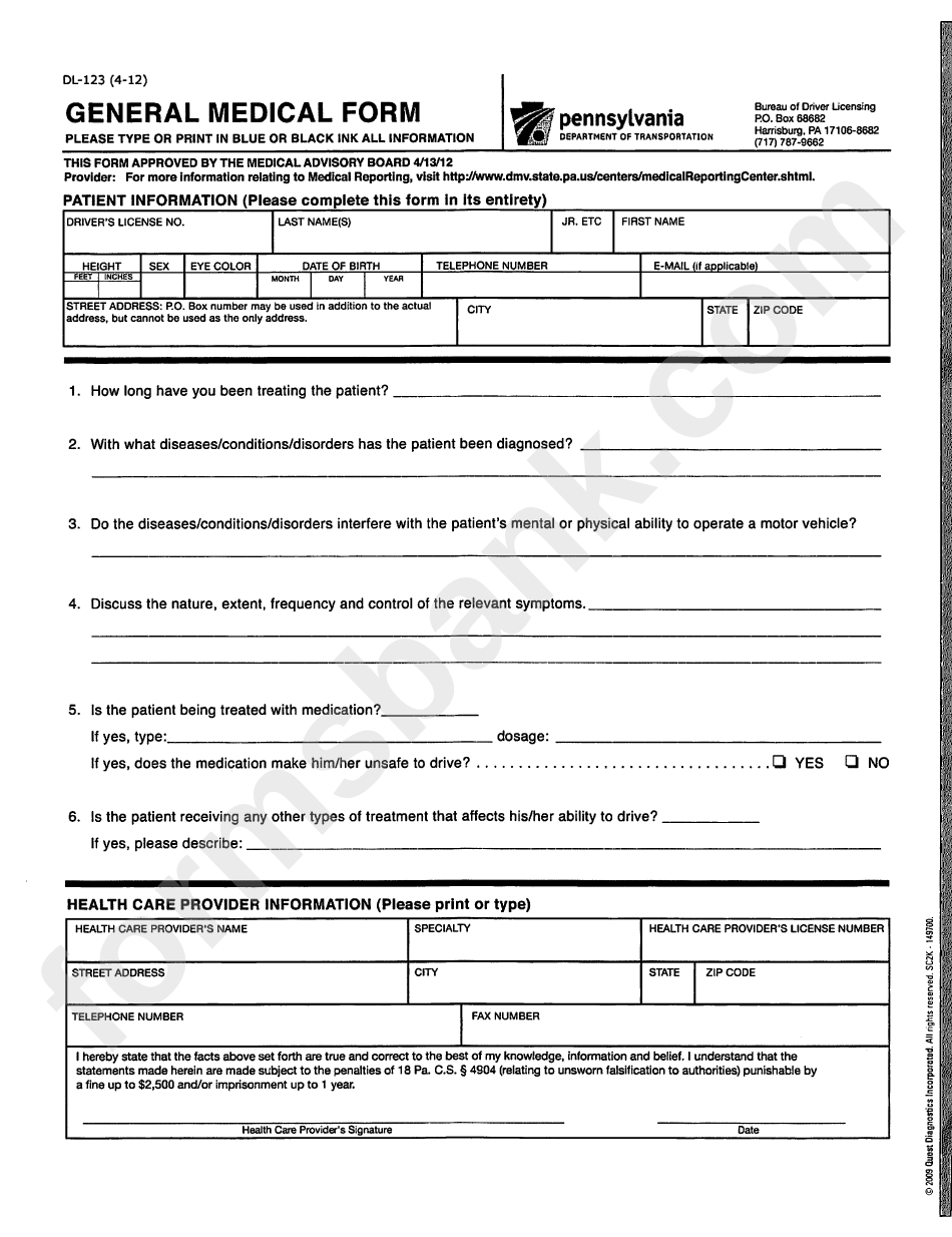 Form Dl123 General Medical Form Pennsylvania Department Of