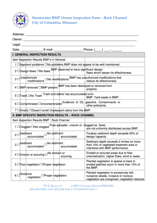 Stormwater Bmp Owner Inspection Form - Rock Channel (City Of Columbia, Missouri) Printable pdf