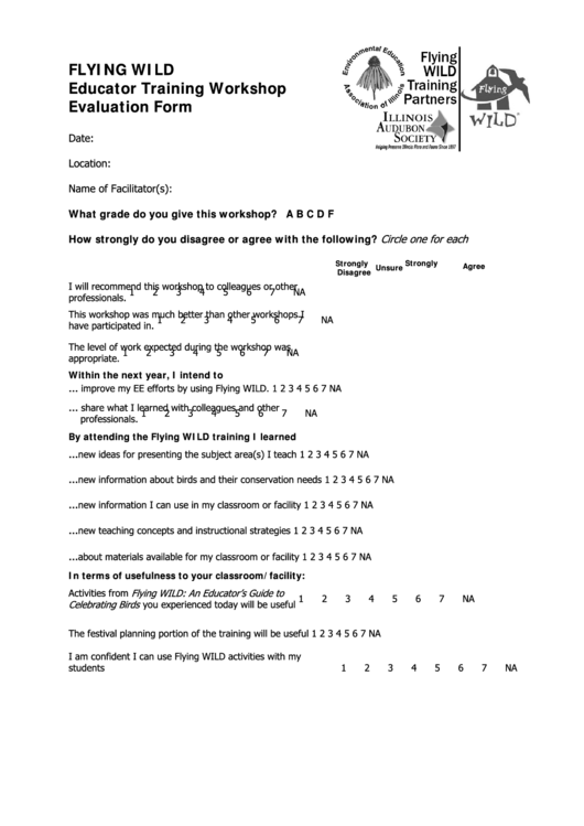 Flying Wild Educator Training Workshop Evaluation Form Printable pdf