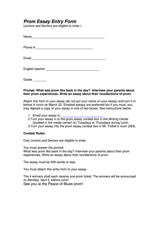 Prom Essay Entry Form Printable pdf