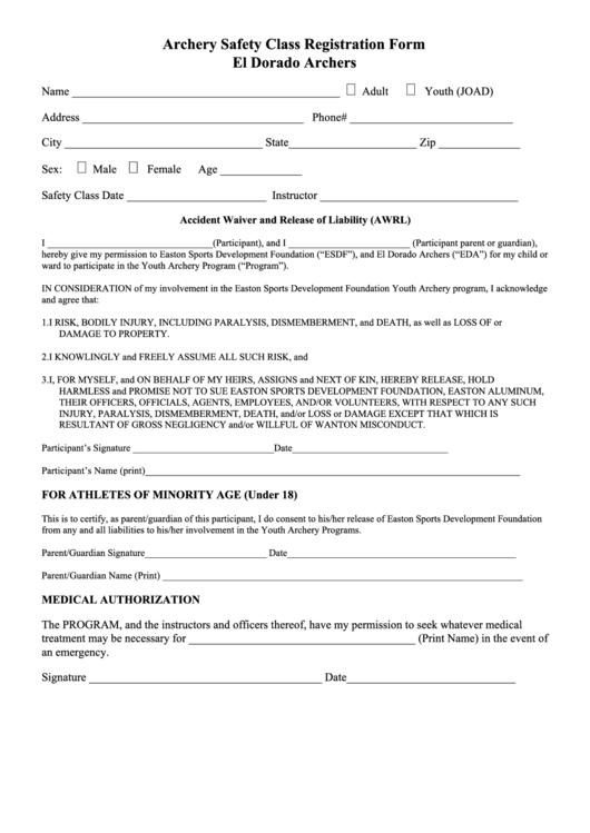 Archery Safety Class Registration Form Printable pdf