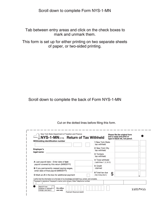 Fillable Form Nys-1-Mn Retun Of Tax Withheld Nys Printable pdf