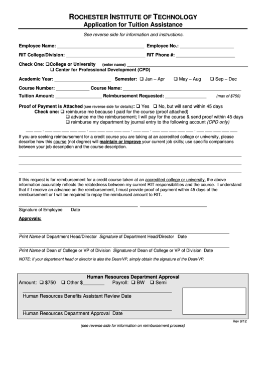 Rochester Institute Of Technology Application For Tuition Assistance Printable pdf