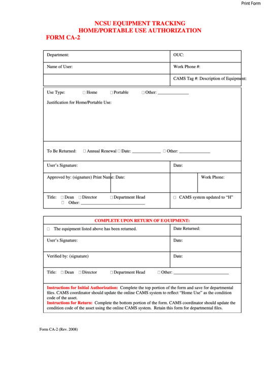 Fillable Ncsu Equipment Tracking Home/portable Use Authorization Form Ca-2 Printable pdf