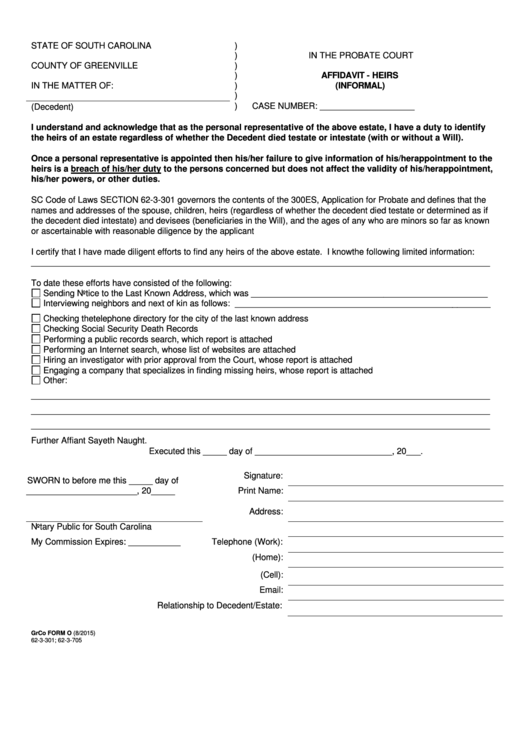 Affidavit - Heirs (Informal) Printable pdf