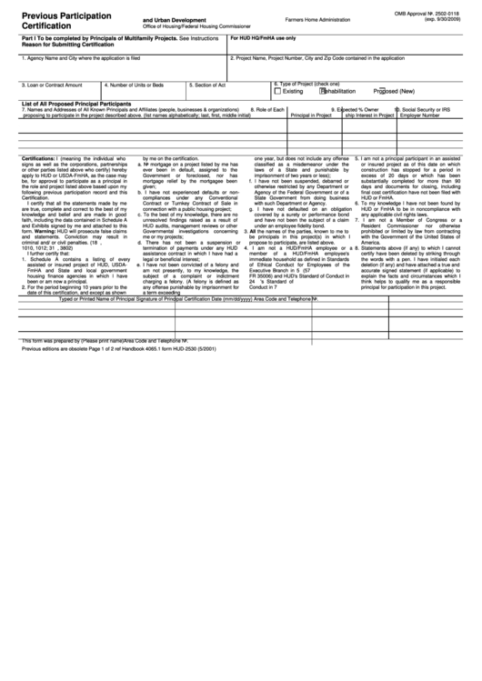 Previous Participation Certification (Form Hud-2530) Printable pdf
