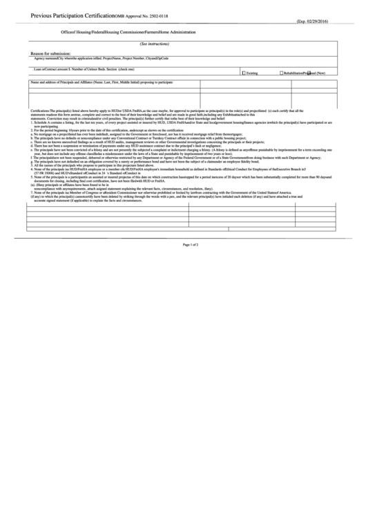 Fillable Previous Participation Certification (Form Hud-2530) Printable pdf