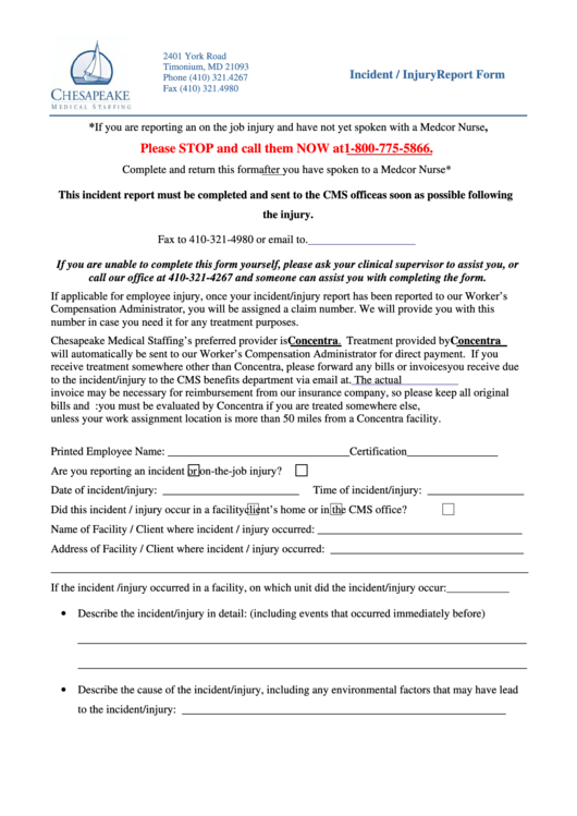 Incident Report Form - Chesapeake Medical Staffing Printable pdf