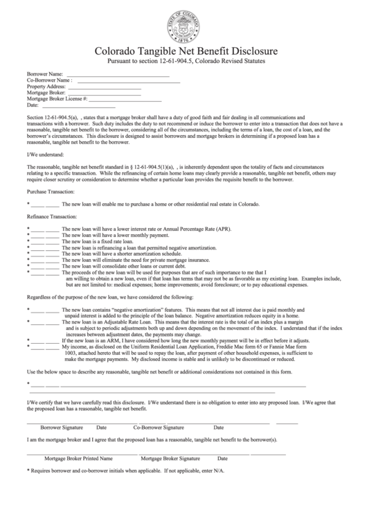 Colorado Tangible Net Benefit Disclosure Form Printable pdf