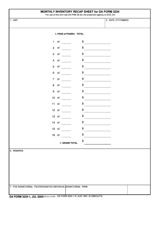 Monthly Inventory Recap Sheet For Da Form 3234