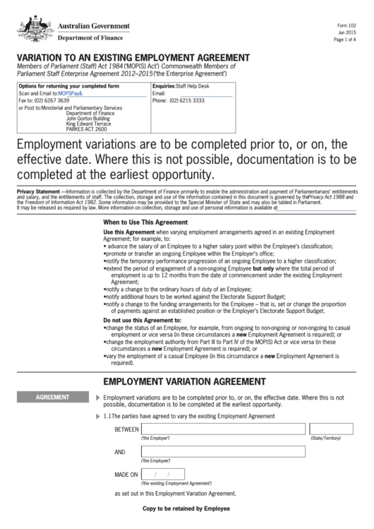 Form 102 Variation To An Existing Employment Agreement