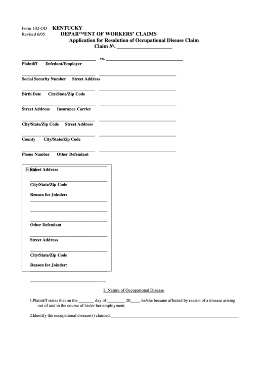 Form 102-Od - Application For Resolution Of Occupational Disease Claim Printable pdf
