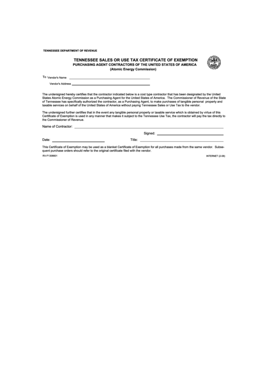 Tennessee Sales Or Use Tax Certificate Of Exemption printable pdf download