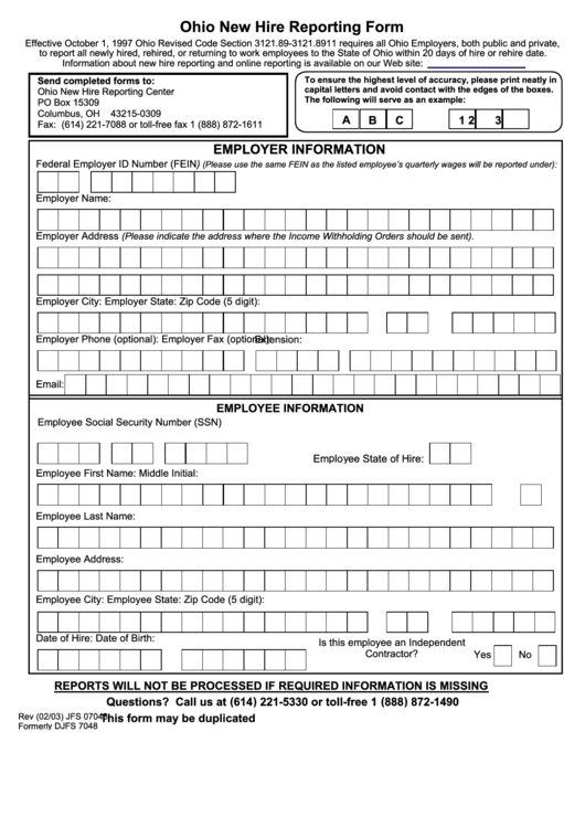 Ohio New Hire Reporting Form Printable pdf