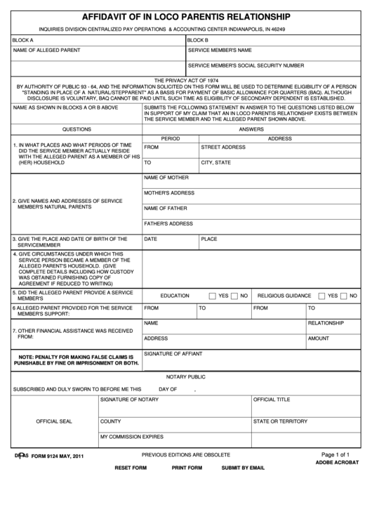 Fillable Form 9124 - Affidavit Of In Loco Parentis Relationship - 2011 Printable pdf