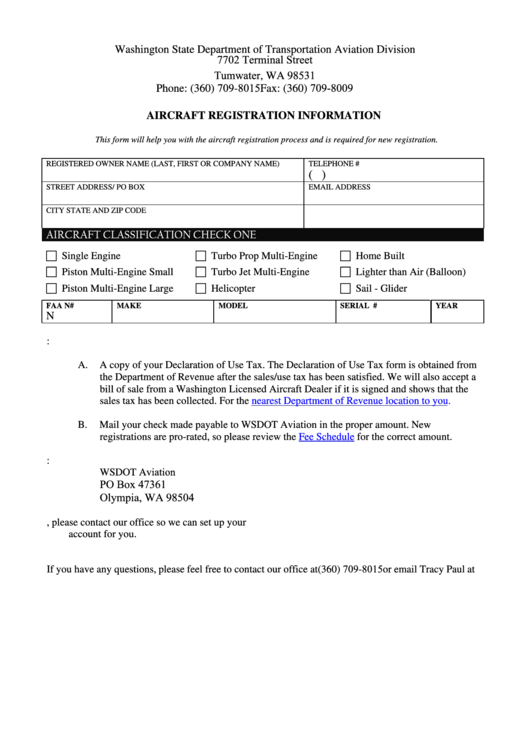 Aircraft Registration Information Form - Washington Printable pdf