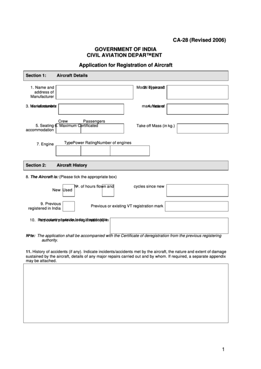 India Civil Aviation Department Application For Registration Of Aircraft Printable pdf