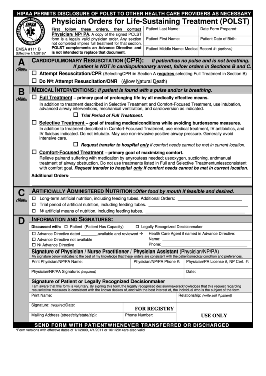 Physician Orders For Life-Sustaining Treatment (Polst) - California Printable pdf