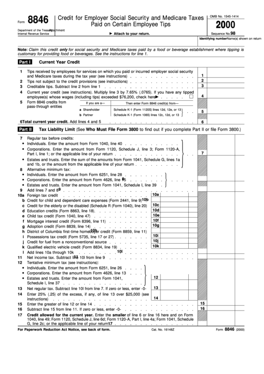 Credit For Employer Social Security And Medicare Taxes Paid On Certain Employee Tips (Form 8846 2000) Printable pdf