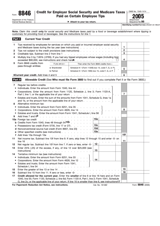 Fillable Form 8846 - Credit For Employer Social Security And Medicare Taxes Paid On Certain Employee Tips - 2005 Printable pdf