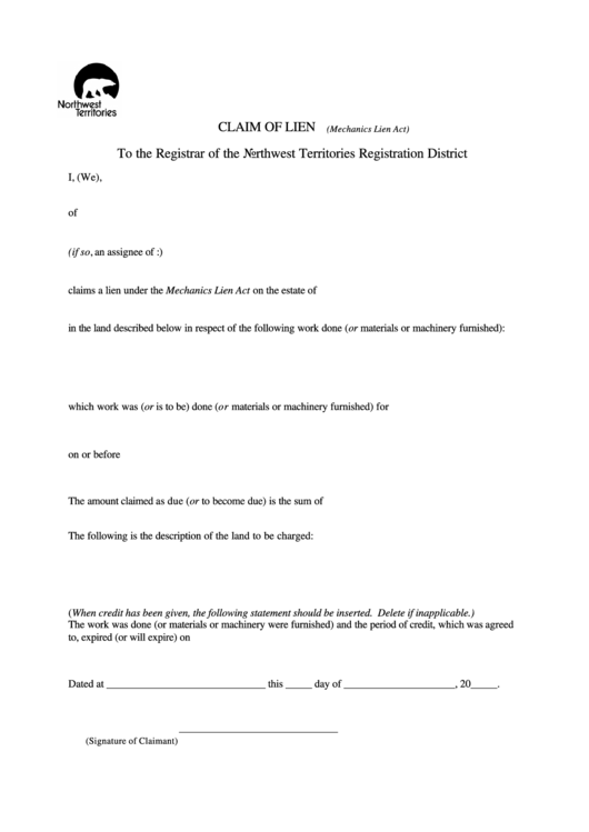 Claim Of Lien Form Printable pdf