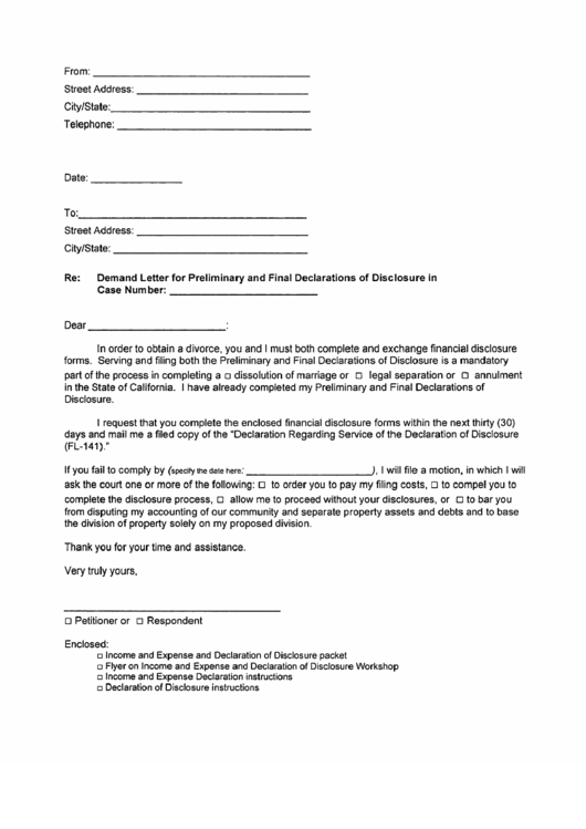 Demand Letter For Preliminary And Final Declarations Of Disclosure Printable pdf