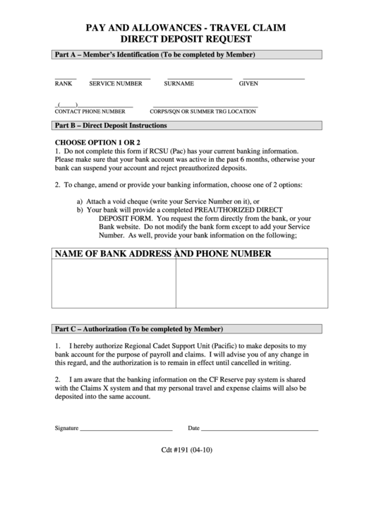 Direct Deposit Request Form - Travel Claim Printable pdf