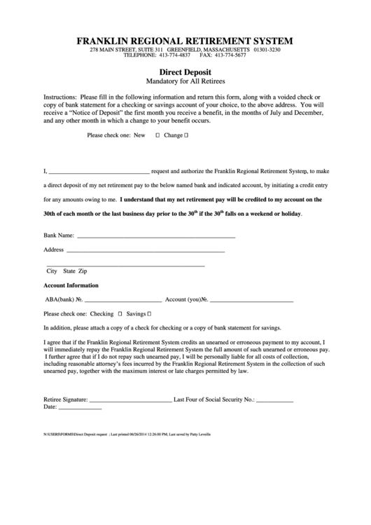 Direct Deposit Request Form - Franklin Regional Retirement System Printable pdf