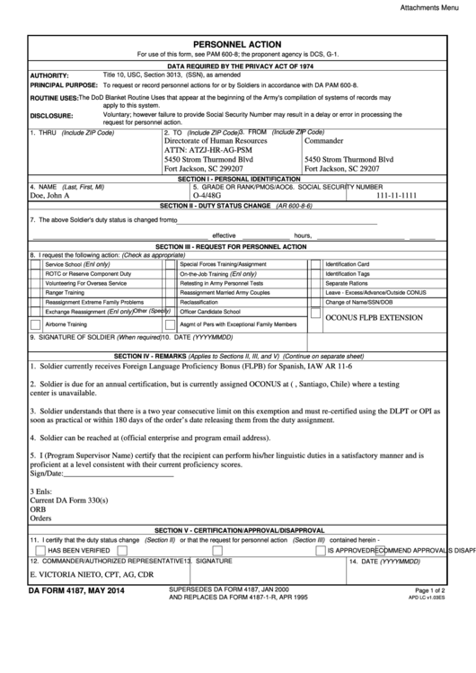 Fillable Da Form 4187 - Personnel Action - 2014 Printable pdf