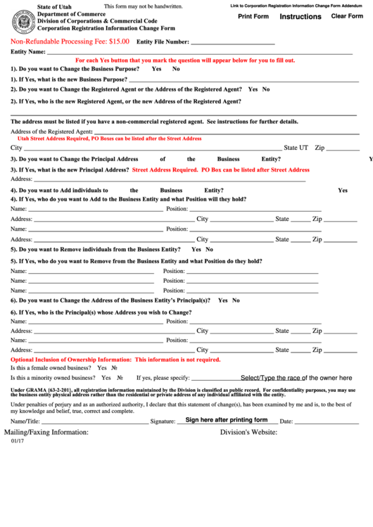 Fillable Corporation Registration Information Change Form - Utah Department Of Commerce - 2014 Printable pdf