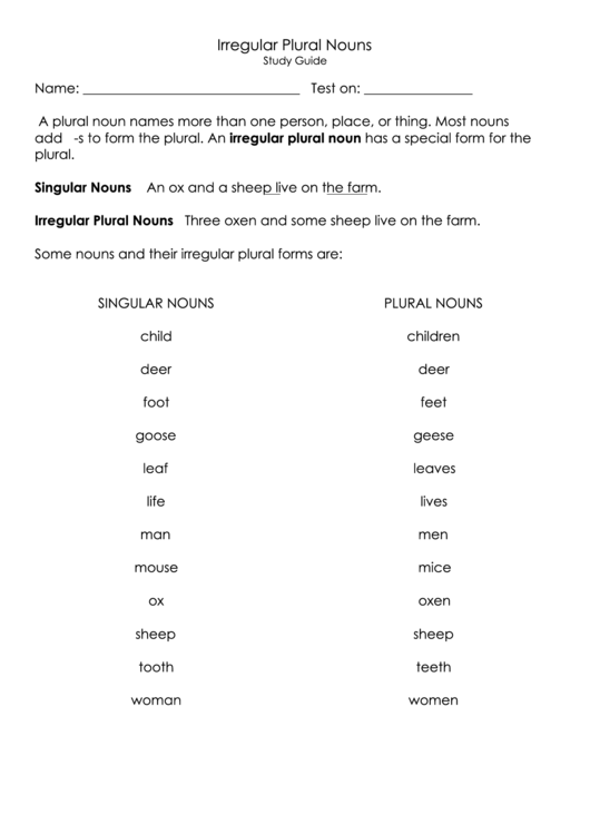 Irregular Plural Nouns Printable pdf