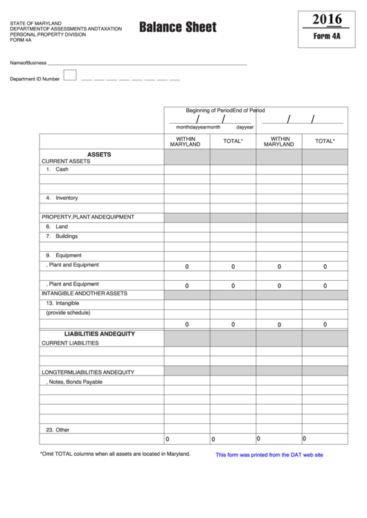Fillable Form 4a - Balance Sheet - 2016 Printable pdf