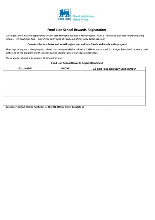 Food Lion School Rewards Registration Form Printable pdf
