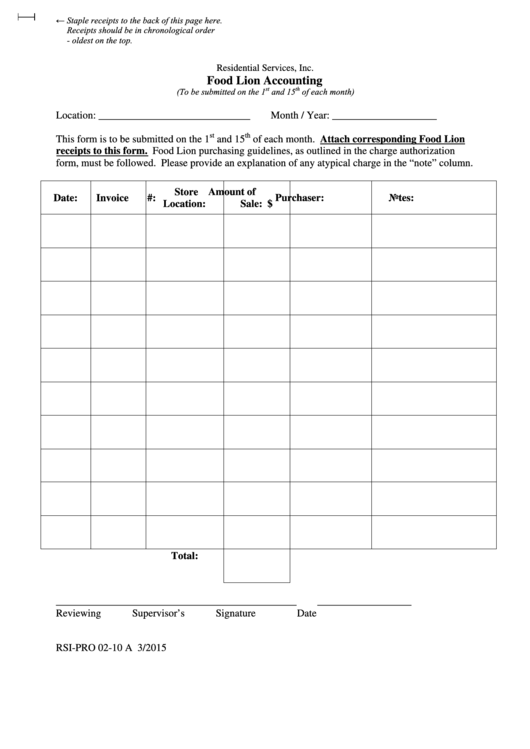 Form Rsi-Pro 02-10 A - Food Lion Accounting Printable pdf