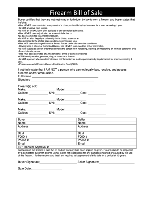 Firearm Bill Of Sale (Illinois Version) Printable pdf