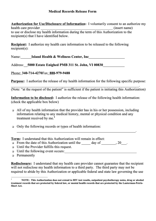 Generic Medical Records Release Form Printable pdf