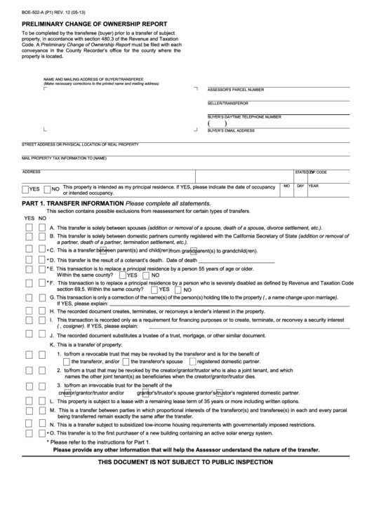 Fillable Form Boe-502-A (P1) - Preliminary Change Of Ownership Report - 2013 Printable pdf