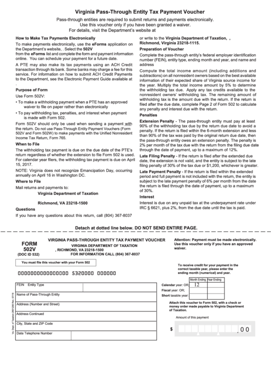Form 502v - Virginia Pass-Through Entity Tax Payment Voucher Printable pdf