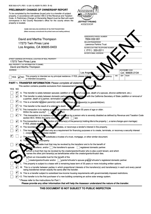 Form Boe-502-a (p1) - Preliminary Change Of Ownership Report - 2016