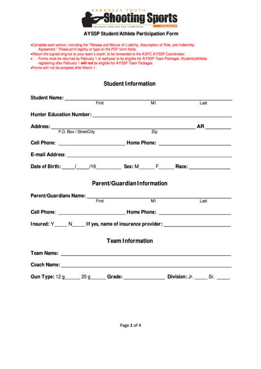 Fillable Shooting Sports Ayssp Student/athlete Participation Form Printable pdf