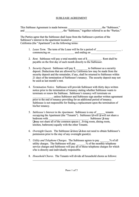Sublease Agreement Template - California Printable pdf