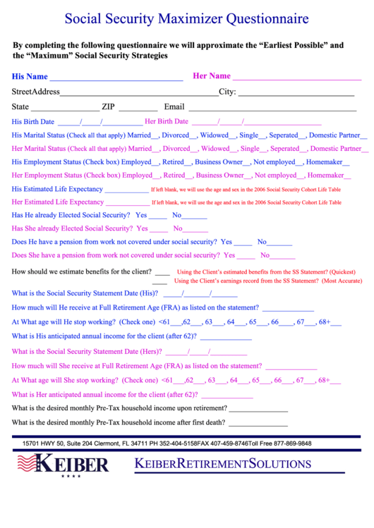 Fillable Social Security Maximizer Questionnaire Form Printable pdf
