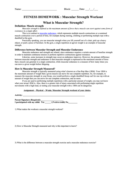Fitness Homework printable pdf download